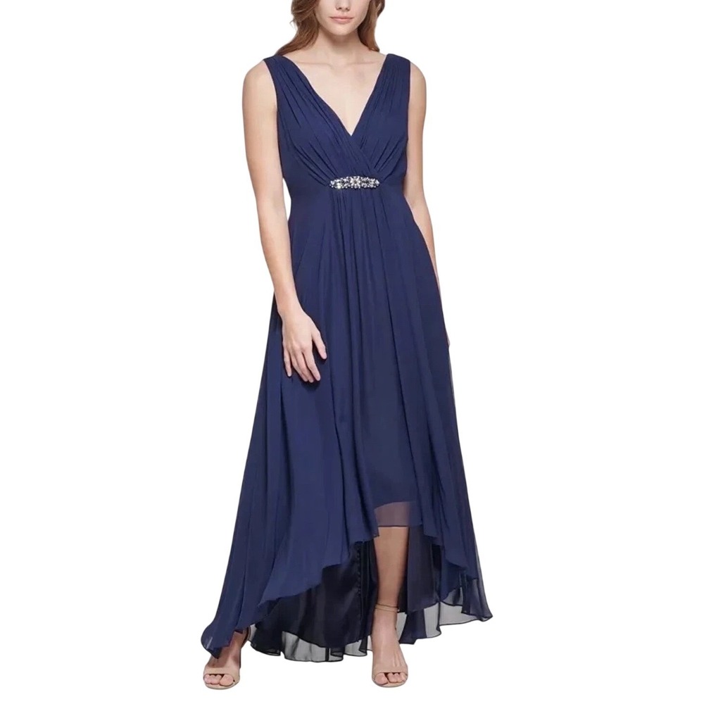 Eliza J High-Low Gown Womens 10 Navy Rhinestone Chiffon Formal Evening Dress